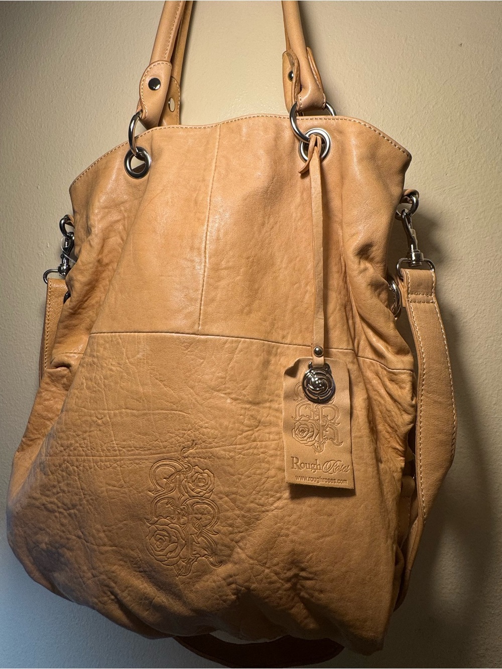Rough Roses Large Slouch Hobo natural tan with Embossed Floral extra long strap